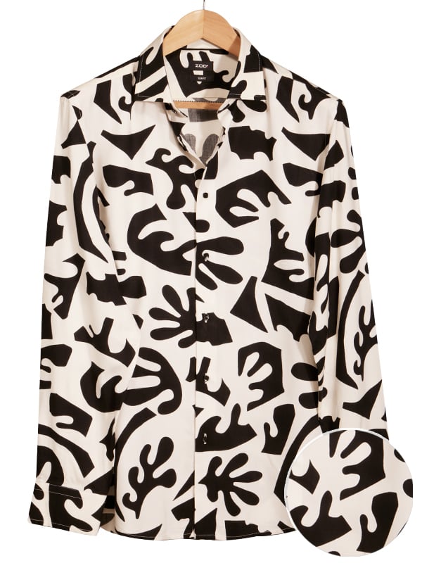Diablo Cream Printed Full Sleeve Single Cuff Slim Fit Party Wear Viscose Shirt