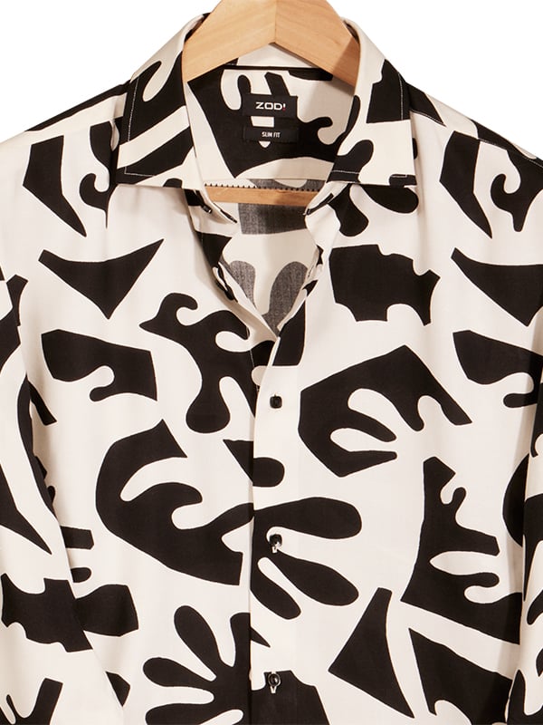 Diablo Cream Printed Full Sleeve Single Cuff Slim Fit Party Wear Viscose Shirt