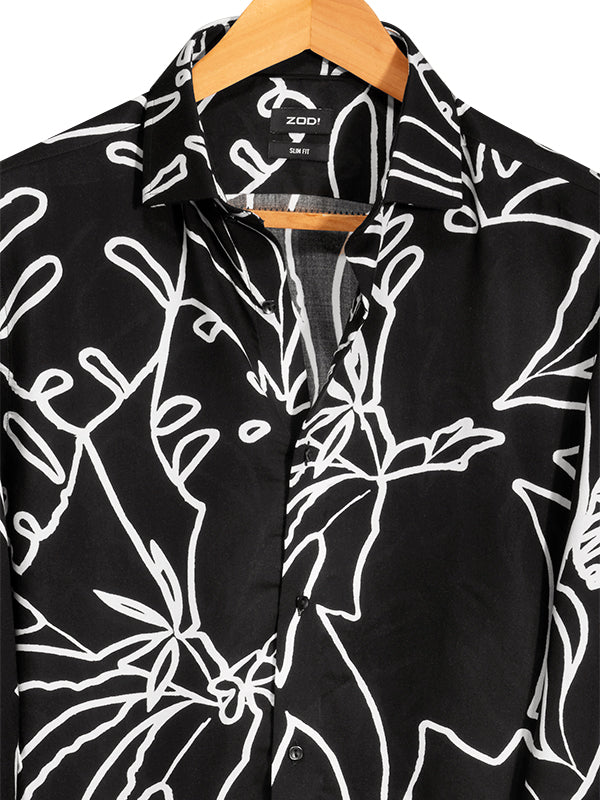 Diablo Black Printed Full Sleeve Single Cuff Slim Fit Party Wear Viscose Shirt