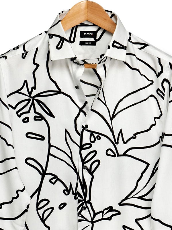 Diablo White Printed Full Sleeve Single Cuff Slim Fit Party Wear Viscose Shirt