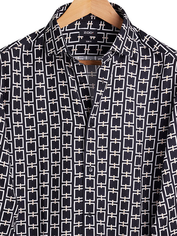 Diablo Black Printed Full Sleeve Single Cuff Slim Fit Party Wear Viscose Shirt