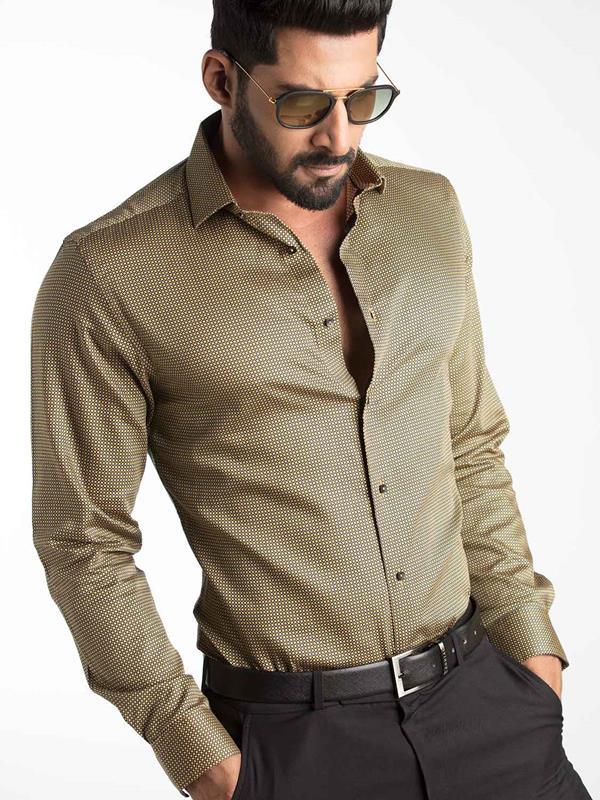 Diego Ochre Printed Full Sleeve Single Cuff Slim Fit Party Wear Blended Shirt