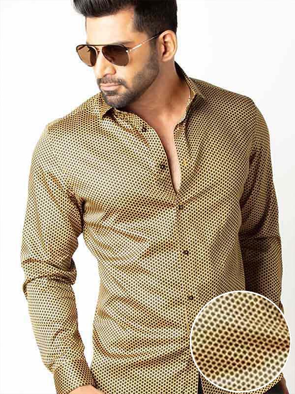 Dominic Ochre Printed Full Sleeve Single Cuff Slim Fit Party Wear Blended Shirt