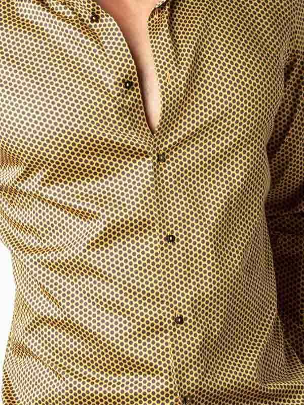 Dominic Ochre Printed Full Sleeve Single Cuff Slim Fit Party Wear Blended Shirt