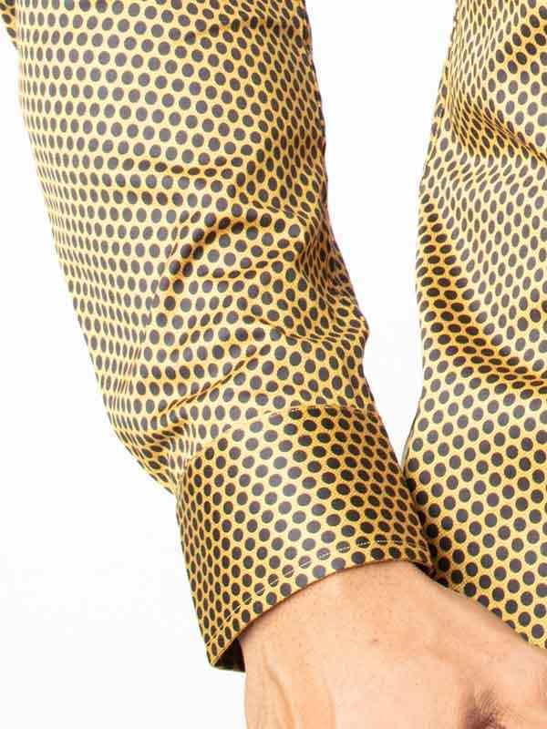 Dominic Ochre Printed Full Sleeve Single Cuff Slim Fit Party Wear Blended Shirt