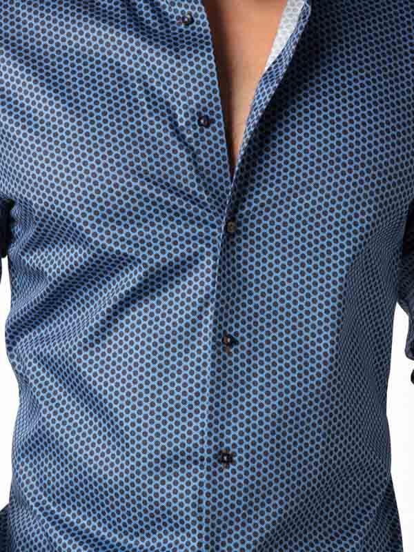 Dominic Blue Printed Full Sleeve Single Cuff Slim Fit Party Wear Blended Shirt