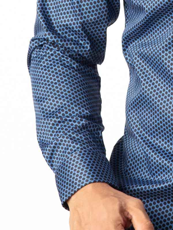 Dominic Blue Printed Full Sleeve Single Cuff Slim Fit Party Wear Blended Shirt
