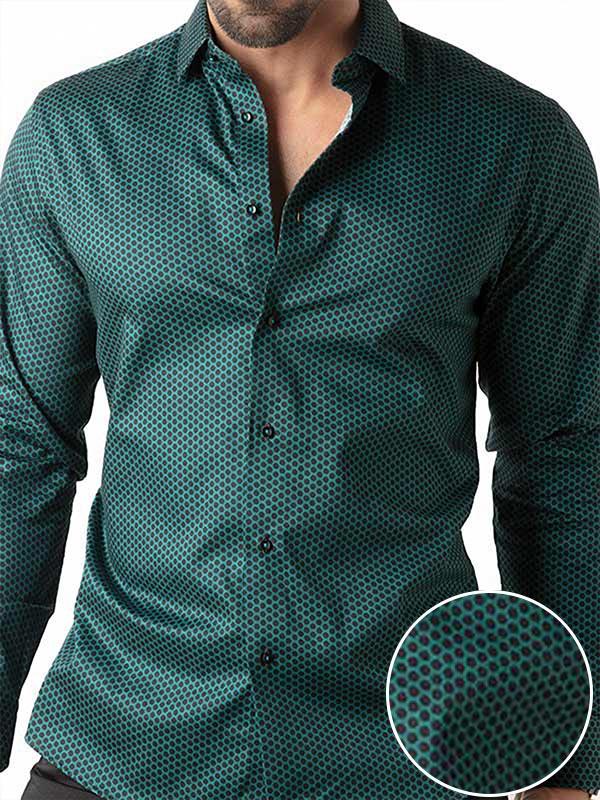 Dominic Teal Printed Full Sleeve Single Cuff Slim Fit Party Wear Blended Shirt
