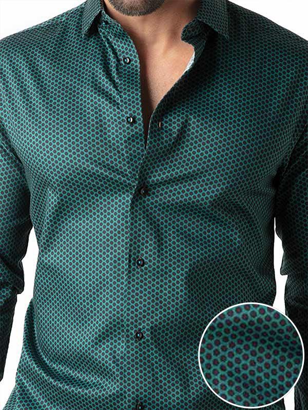 Dominic Teal Printed Full Sleeve Single Cuff Slim Fit Party Wear Blended Shirt