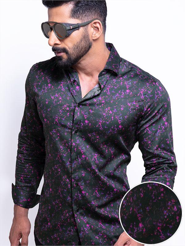 Drake Purple Printed Full Sleeve Single Cuff Slim Fit Party Wear Blended Shirt