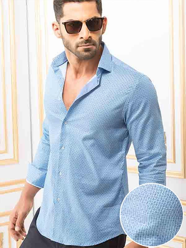 Eduardo Blue Printed Full Sleeve Single Cuff Slim Fit Party Wear Blended Shirt