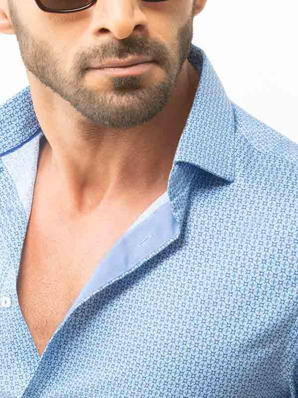 Eduardo Blue Printed Full Sleeve Single Cuff Slim Fit Party Wear Blended Shirt