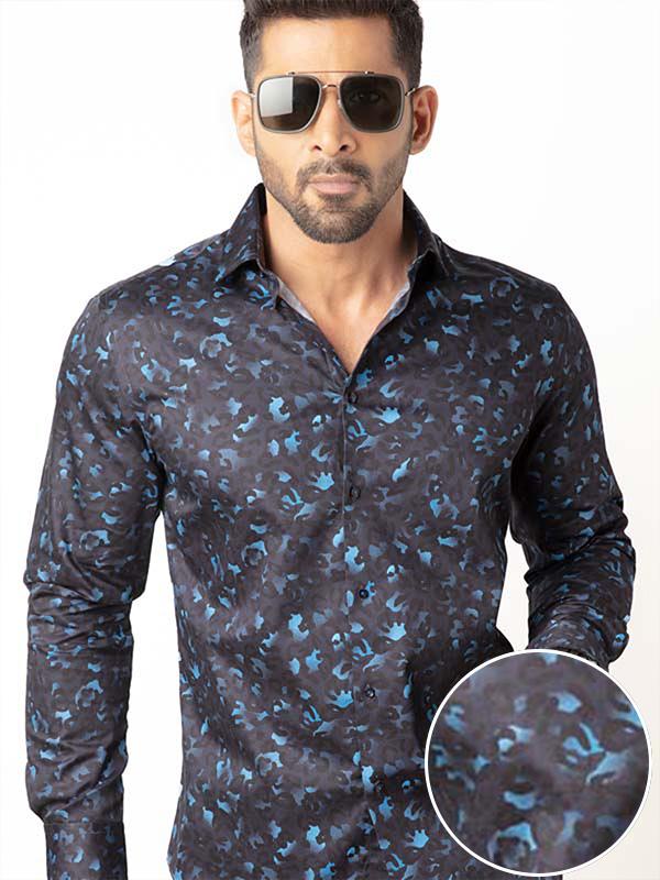 Euron Navy Printed Full Sleeve Single Cuff Slim Fit Party Wear Blended Shirt
