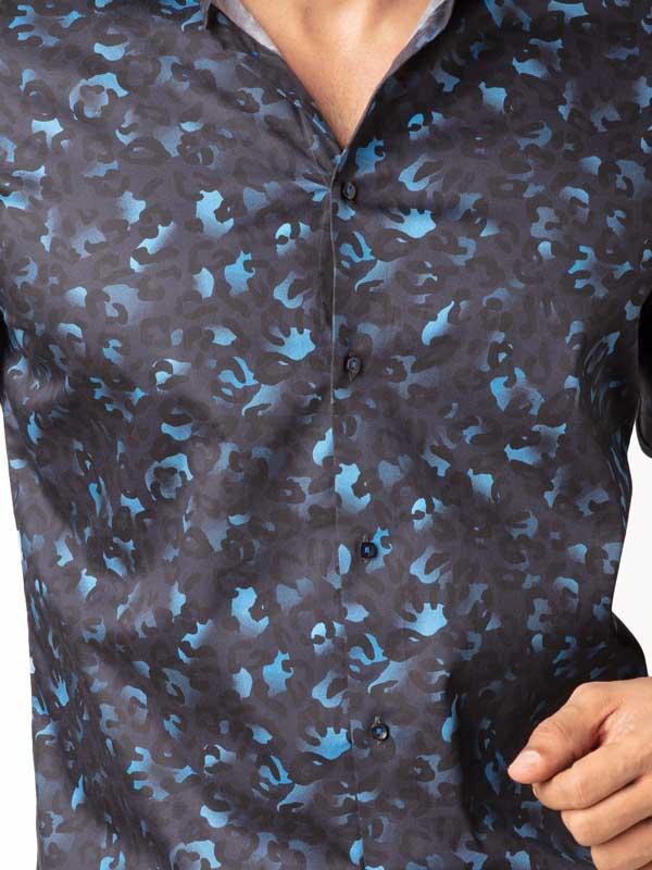 Euron Navy Printed Full Sleeve Single Cuff Slim Fit Party Wear Blended Shirt