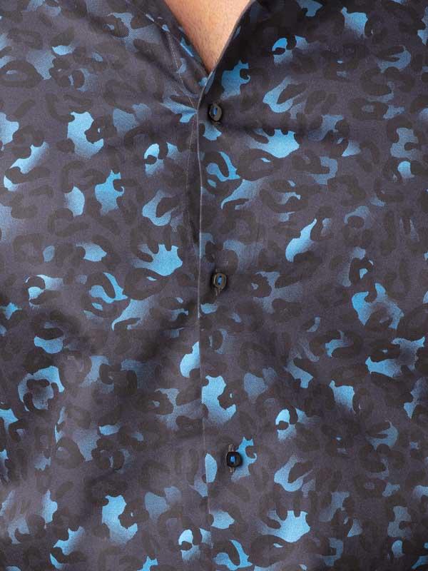 Euron Navy Printed Full Sleeve Single Cuff Slim Fit Party Wear Blended Shirt