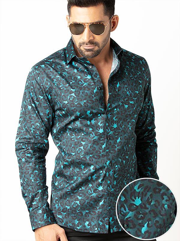 Euron Teal Printed Full Sleeve Single Cuff Slim Fit Party Wear Blended Shirt