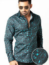 Euron Teal Printed Full Sleeve Single Cuff Slim Fit Party Wear Blended Shirt