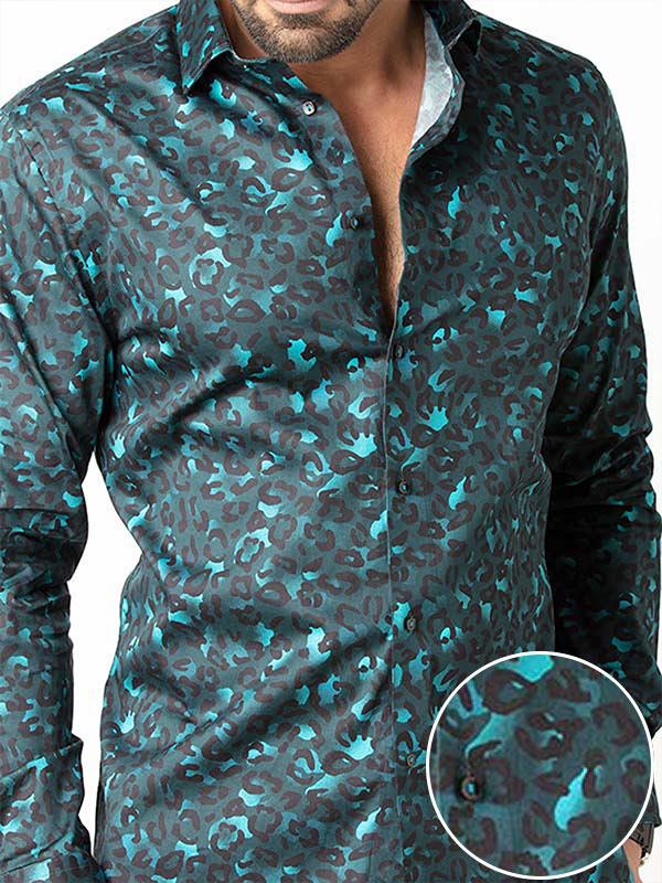 Euron Teal Printed Full Sleeve Single Cuff Slim Fit Party Wear Blended Shirt