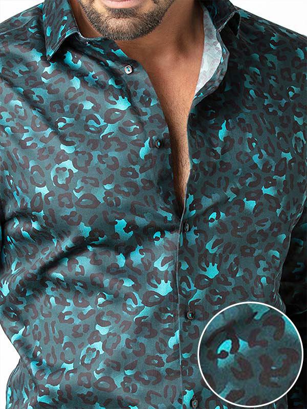 Euron Teal Printed Full Sleeve Single Cuff Slim Fit Party Wear Blended Shirt