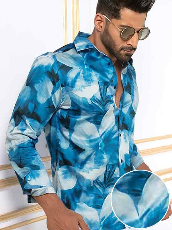 Fabio Blue Printed Full Sleeve Single Cuff Slim Fit Party Wear Blended Shirt
