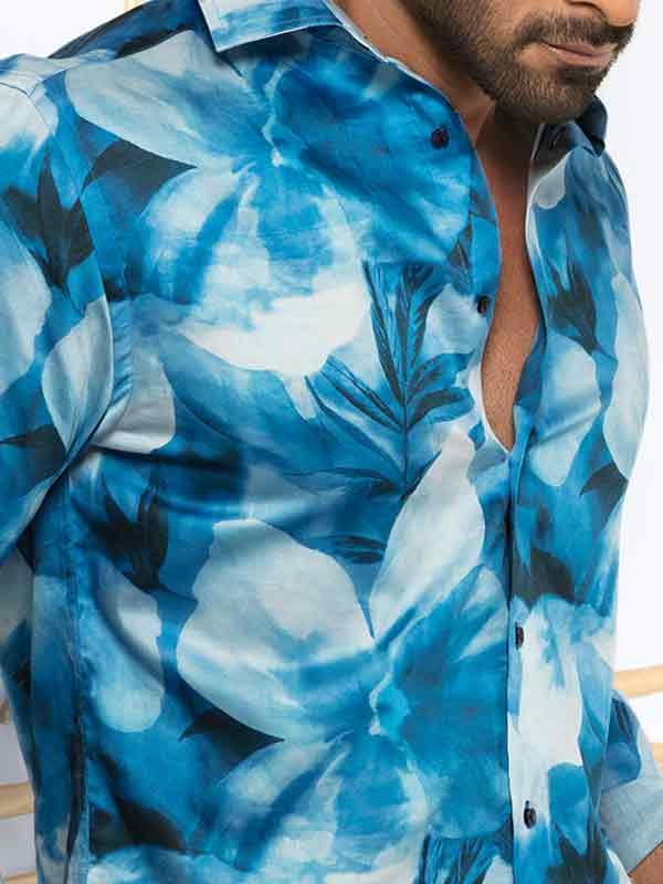 Fabio Blue Printed Full Sleeve Single Cuff Slim Fit Party Wear Blended Shirt