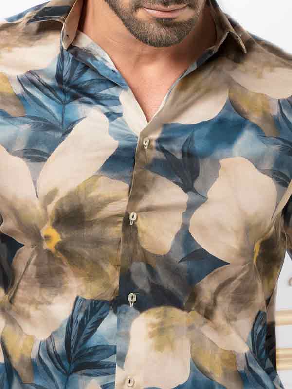 Fabio Cream Printed Full Sleeve Single Cuff Slim Fit Party Wear Blended Shirt