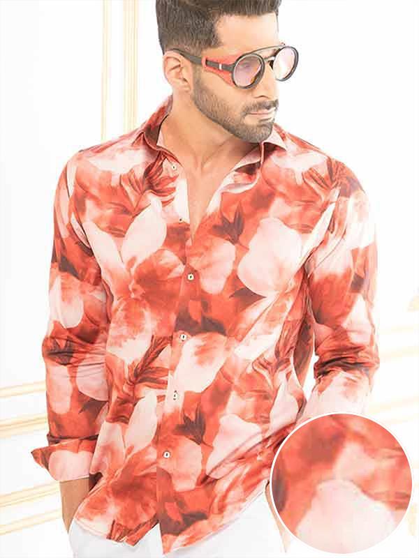 Fabio Red Printed Full Sleeve Single Cuff Slim Fit  Party Wear Blended Shirt
