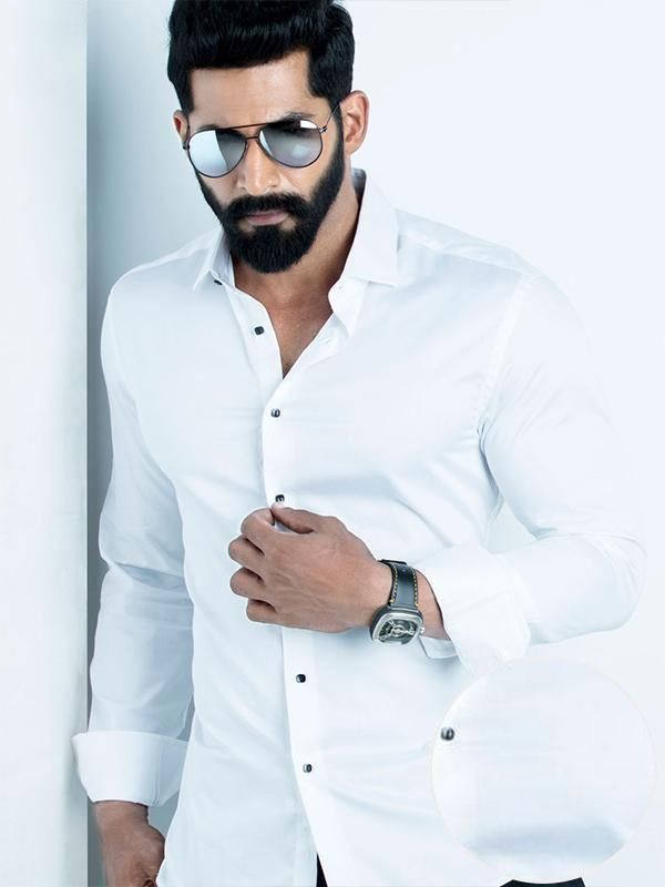 Fidel White Solid Full Sleeve Single Cuff Slim Fit Party Wear Blended Shirt