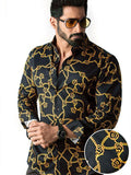 Fifty Black Printed Full Sleeve Single Cuff Slim Fit Party Wear Blended Shirt
