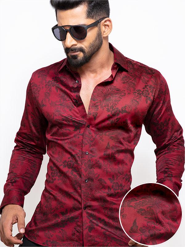 Fonsi Burgundy Printed Full Sleeve Single Cuff Slim Fit Party Wear Blended Shirt