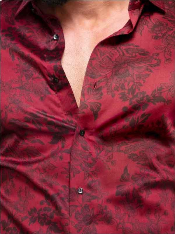 Fonsi Burgundy Printed Full Sleeve Single Cuff Slim Fit Party Wear Blended Shirt