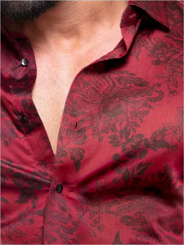 Fonsi Burgundy Printed Full Sleeve Single Cuff Slim Fit Party Wear Blended Shirt