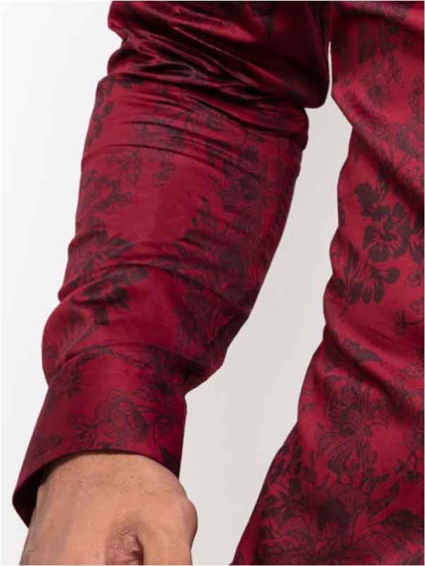 Fonsi Burgundy Printed Full Sleeve Single Cuff Slim Fit Party Wear Blended Shirt
