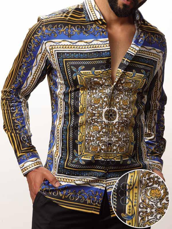 Francesco Cobalt Printed Full Sleeve Single Cuff Slim Fit Party Wear Blended Shirt