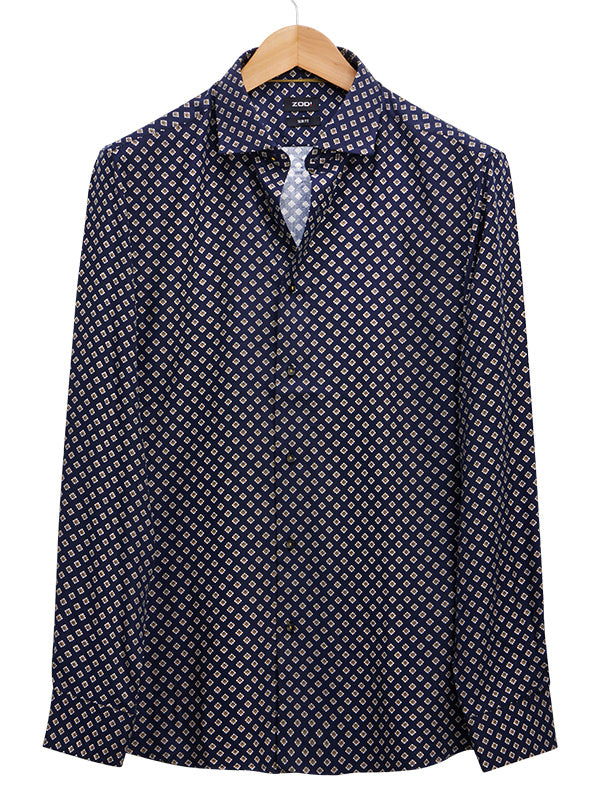 Fredrico Navy Printed Full Sleeve Single Cuff Slim Fit Party Wear Viscose Shirt