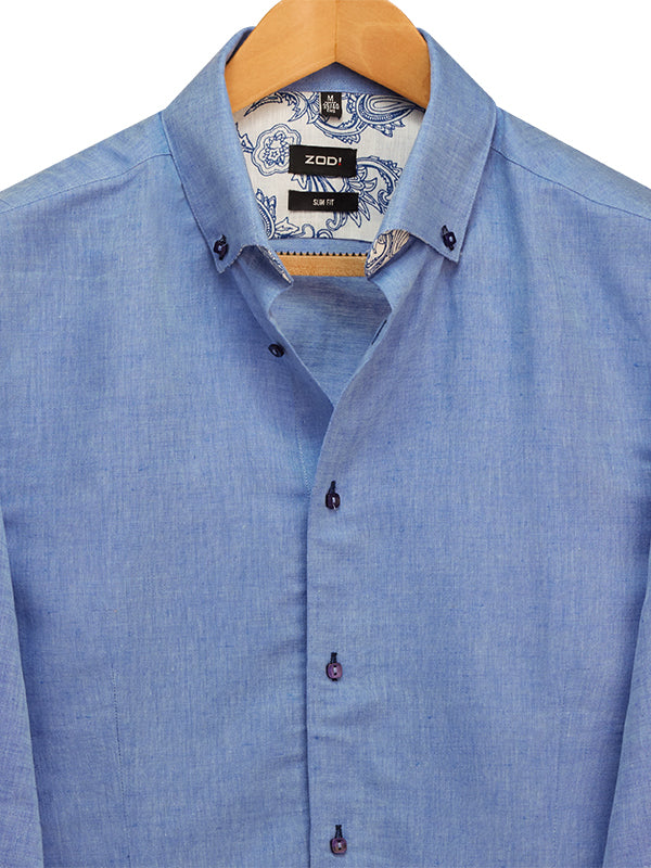 Gabriel Blue Solid Full Sleeve Single Cuff Slim Fit Party Wear Blended Shirt