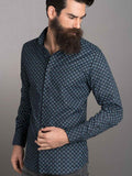 Galata Blue Printed Full Sleeve Single Cuff Slim Fit Party Wear Blended Shirt
