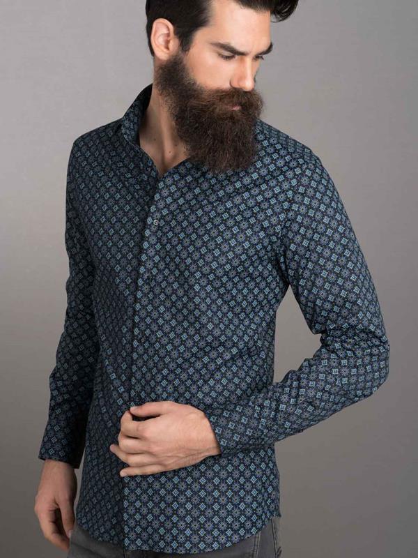 Galata Blue Printed Full Sleeve Single Cuff Slim Fit Party Wear Blended Shirt