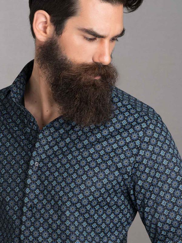Galata Blue Printed Full Sleeve Single Cuff Slim Fit Party Wear Blended Shirt