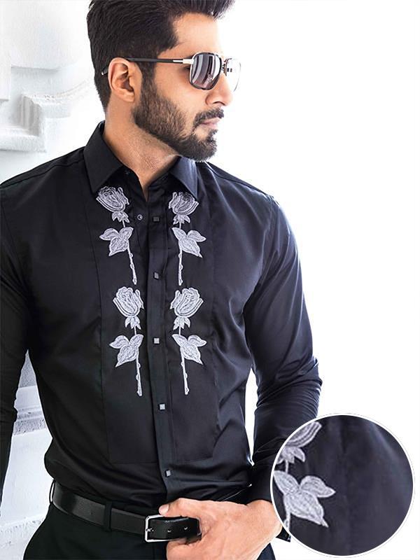 Garrix Black Solid Full Sleeve Single Cuff Slim Fit Party Wear Cotton Shirt