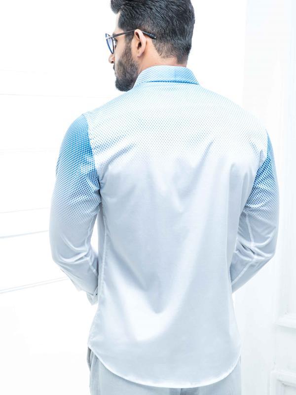 Guetta Blue Printed Full Sleeve Single Cuff Slim Fit Party Wear Blended Shirt