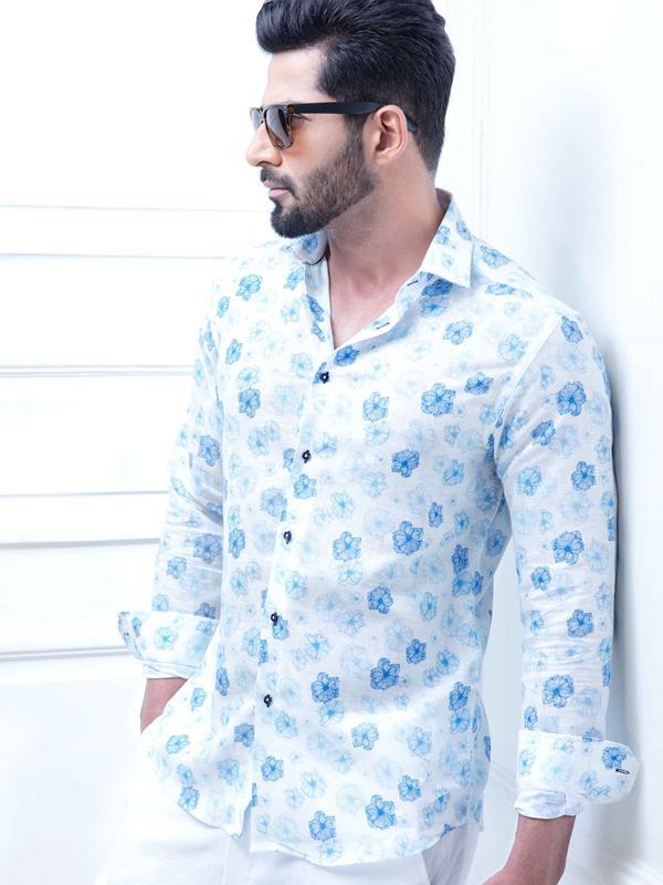 Hardwell Blue Printed Full Sleeve Single Cuff Slim Fit Party Wear Blended Shirt