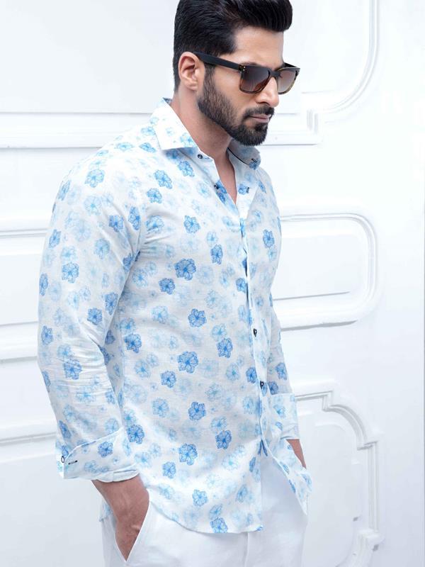 Hardwell Blue Printed Full Sleeve Single Cuff Slim Fit Party Wear Blended Shirt