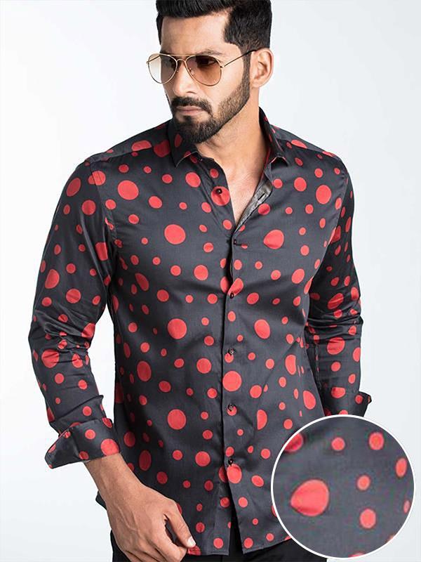 Hawtin Red Printed Full Sleeve Single Cuff Slim Fit Party Wear Blended Shirt