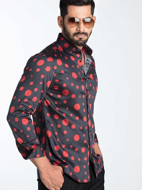 Hawtin Red Printed Full Sleeve Single Cuff Slim Fit Party Wear Blended Shirt