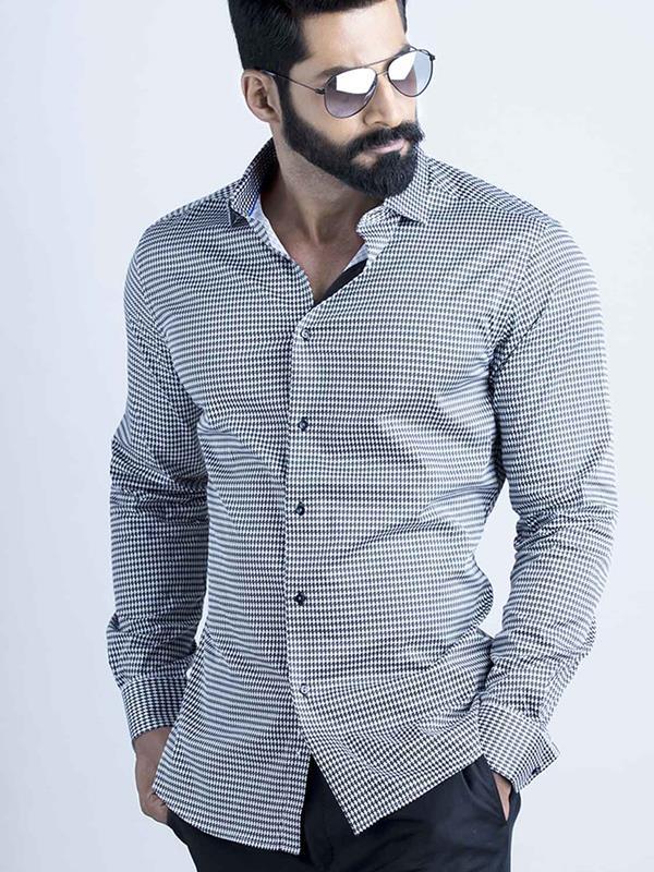 Headhunter Black Printed Full Sleeve Single Cuff Slim Fit Party Wear Blended Shirt