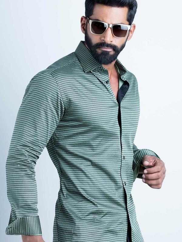 Headhunter Green Printed Full Sleeve Single Cuff Slim Fit Party Wear Blended Shirt