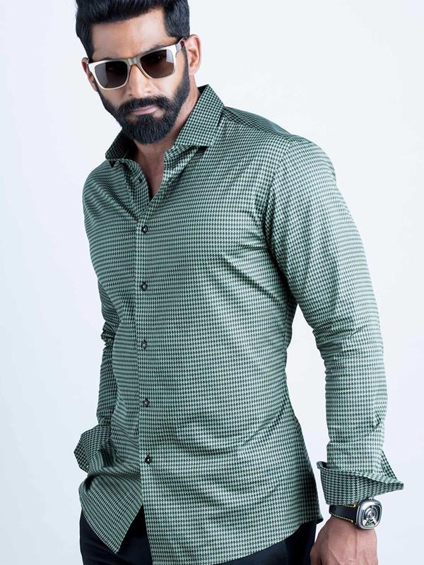 Headhunter Green Printed Full Sleeve Single Cuff Slim Fit Party Wear Blended Shirt