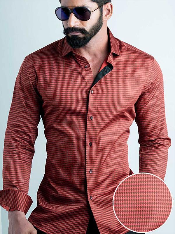 Headhunter Red Printed Full Sleeve Single Cuff Slim Fit Party Wear Blended Shirt