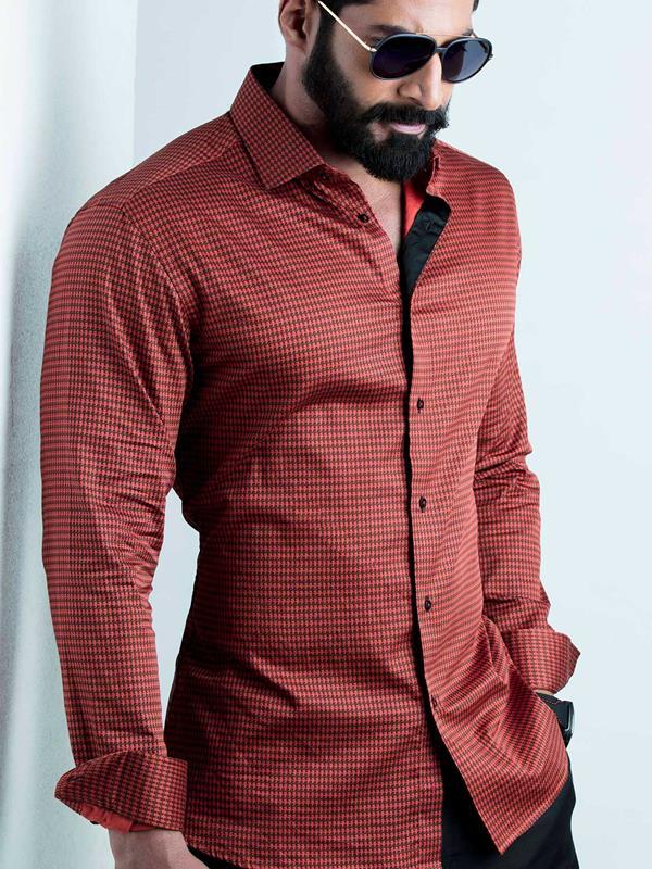 Headhunter Red Printed Full Sleeve Single Cuff Slim Fit Party Wear Blended Shirt